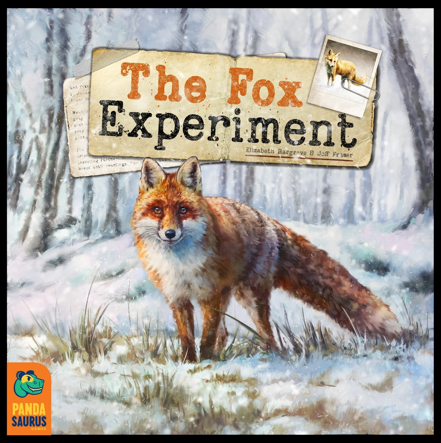 Box cover of The Fox Experiment by Pandasaurus Games: a red fox standing in a snowy forest below a vintage paper label with the title and a polaroid of a fox