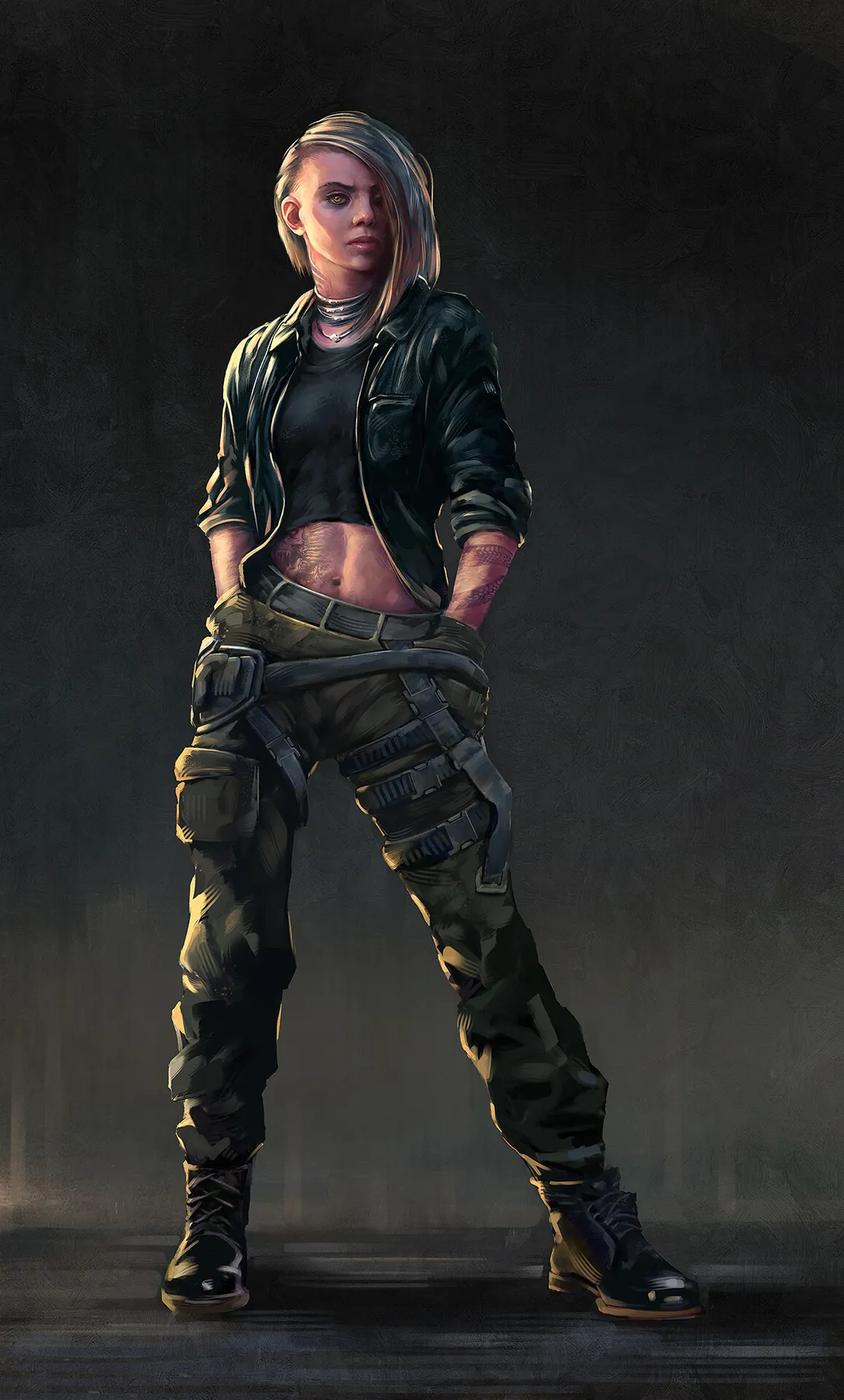 Character illustration of Simona, the Brujah rebel: a young woman with a shaved-side blonde bob, dark open jacket and cargo trousers, hands in her pockets