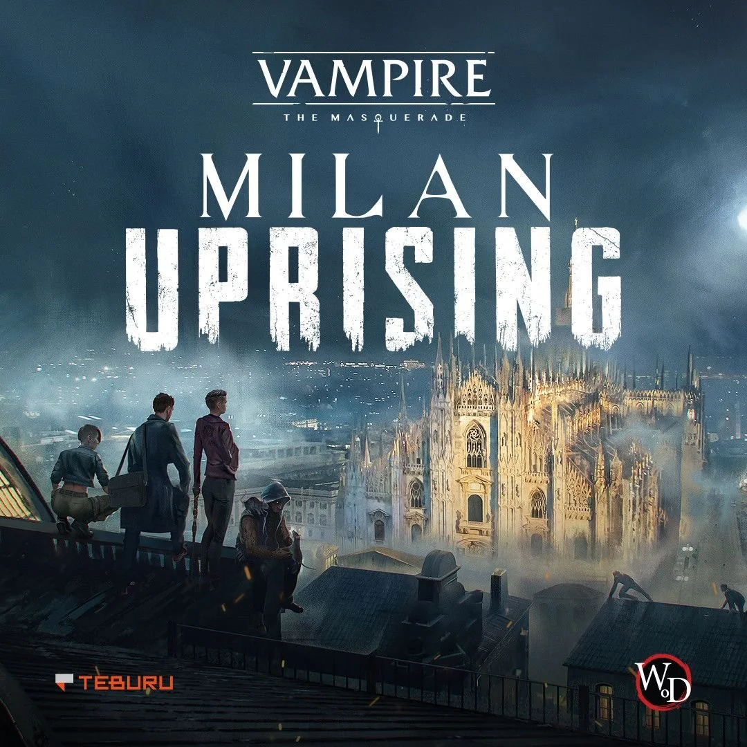 Key art for Vampire: The Masquerade Milan Uprising: a group of young vampires on a rooftop looking over the lit-up Duomo of Milan at night
