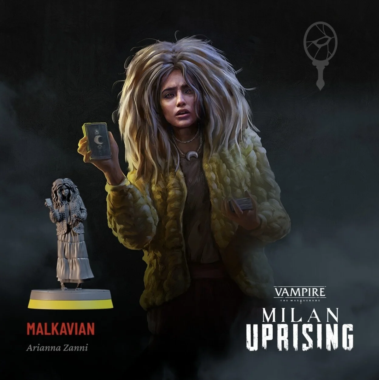 Character art of the Malkavian vampire Arianna Zanni, a woman with a mane of light hair and a yellow fluffy jacket holding tarot-style cards, shown next to the game miniature