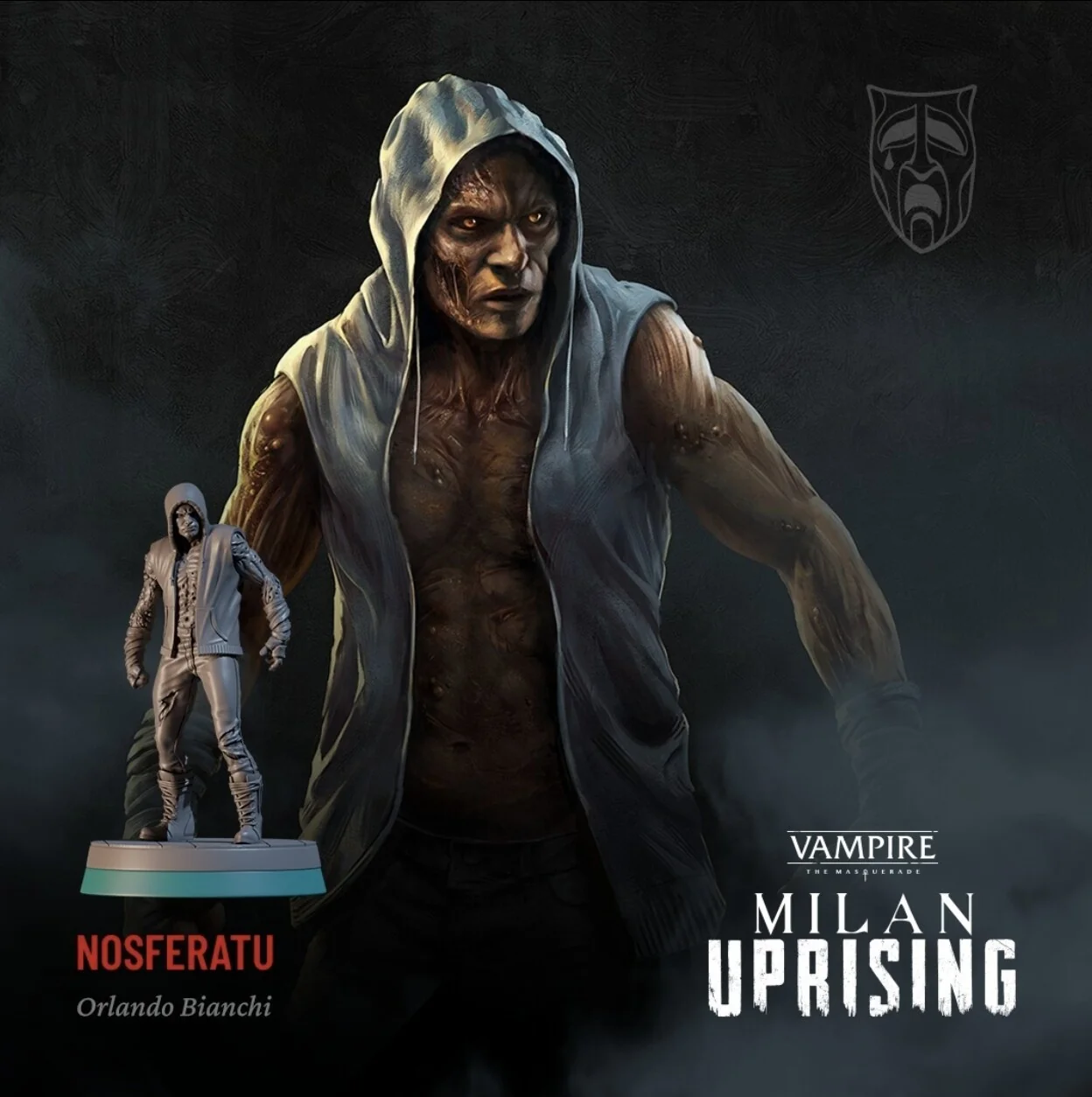 Character art of the Nosferatu vampire Orlando Bianchi, a hooded figure with scarred skin in a sleeveless hoodie, shown next to the game miniature