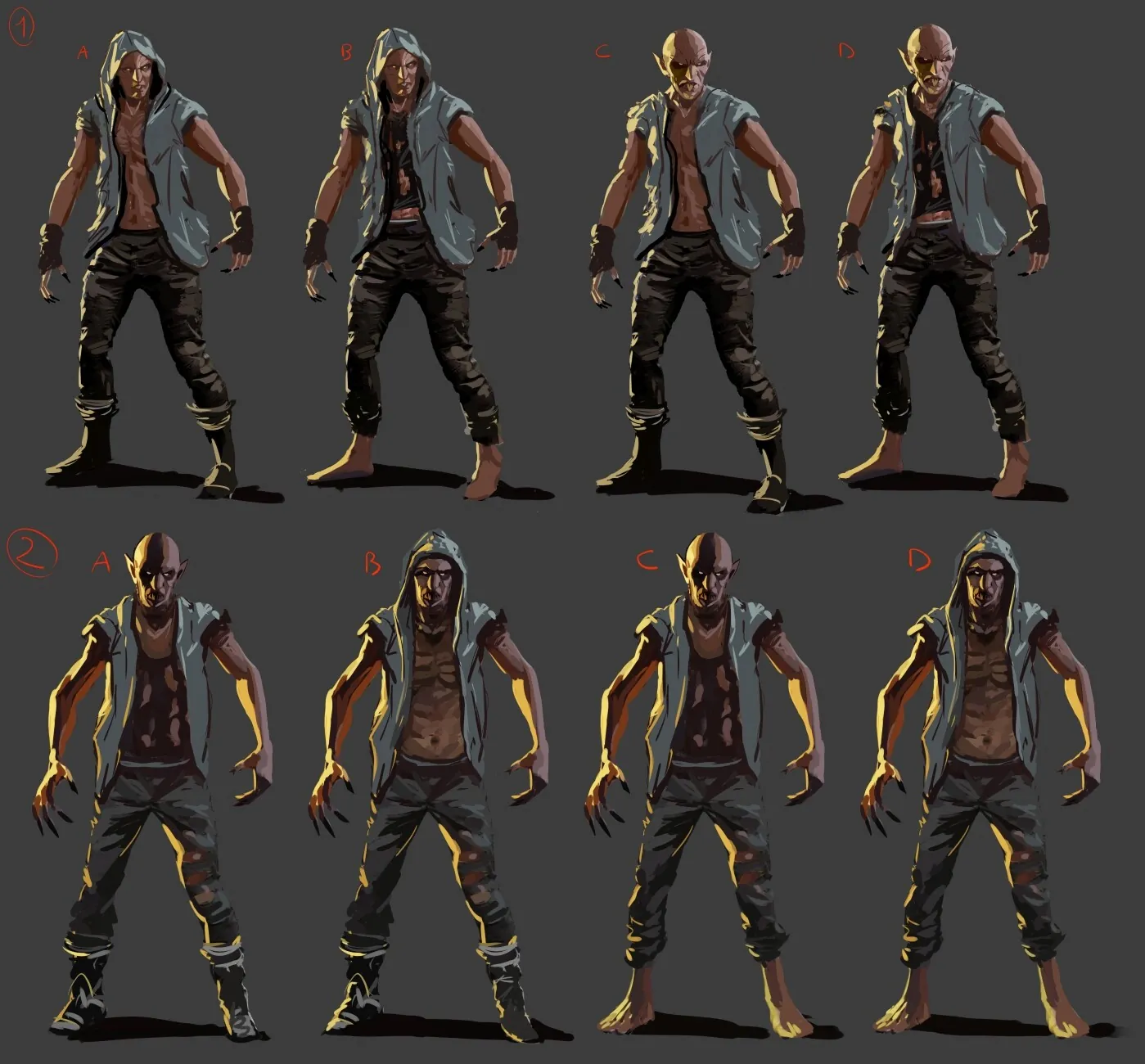 Concept sheet with eight design variations of the Nosferatu character, a clawed figure in a sleeveless hoodie, on a grey background