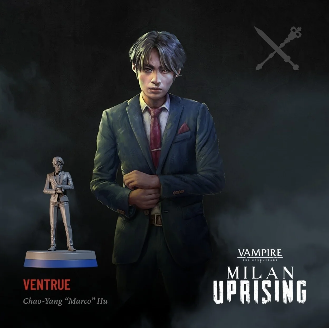 Character art of the Ventrue vampire Chao-Yang Marco Hu, a young man in a dark suit and red tie, shown next to the game miniature