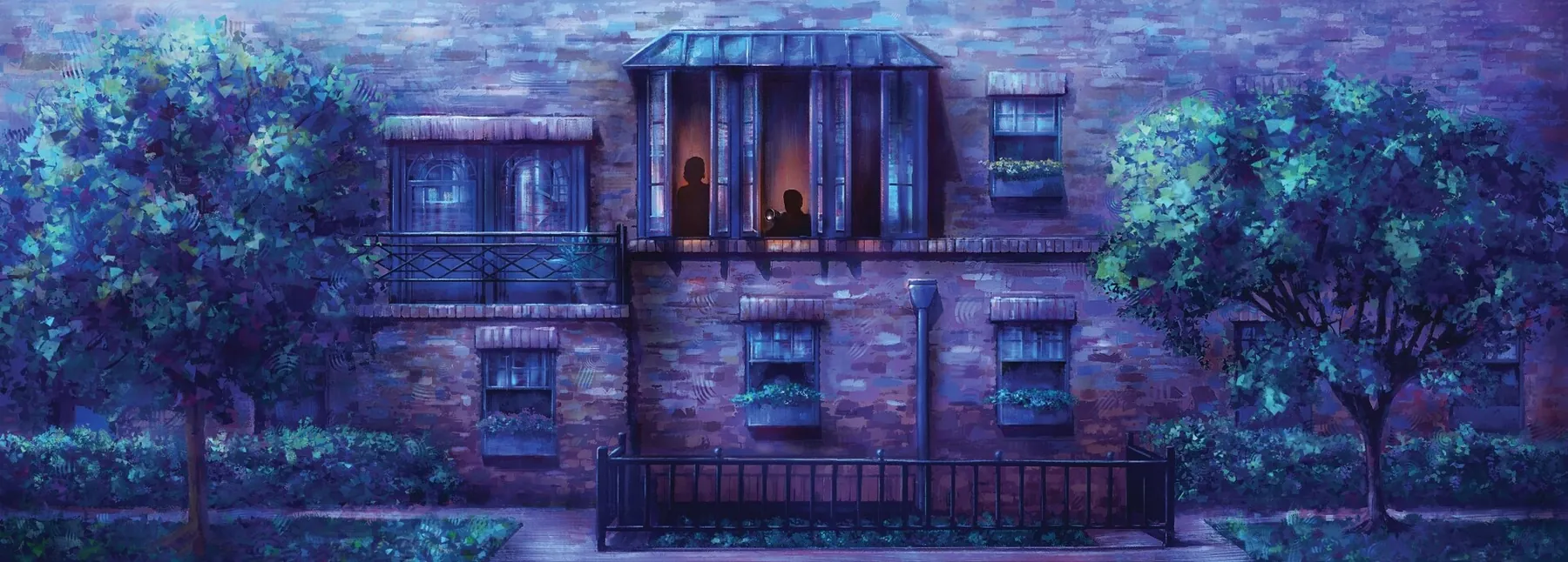 Wide painting of a brick apartment building at night in blue and purple tones, with two silhouettes in a lit bay window, trees and a low iron fence