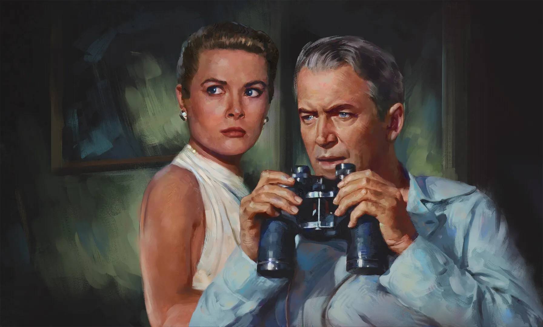 Painting of a man holding binoculars and a woman beside him looking anxiously in another direction, against a dark green background