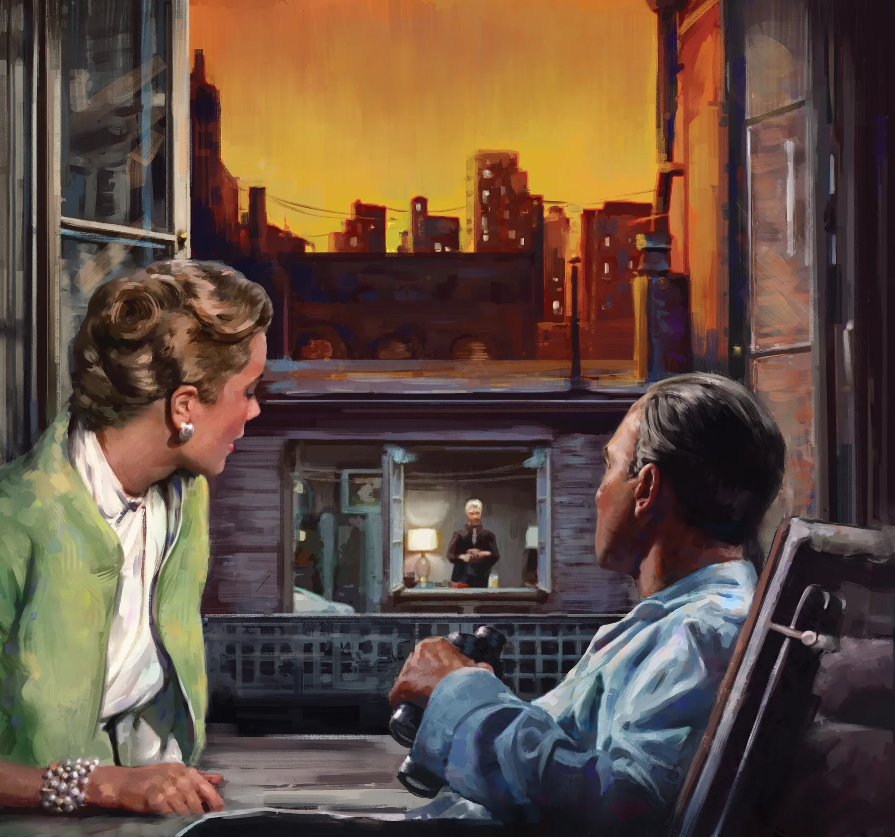 Painting of a woman in a green jacket and a man holding binoculars, seen from behind at an open window, looking at a neighbour's lit apartment and a city skyline at sunset