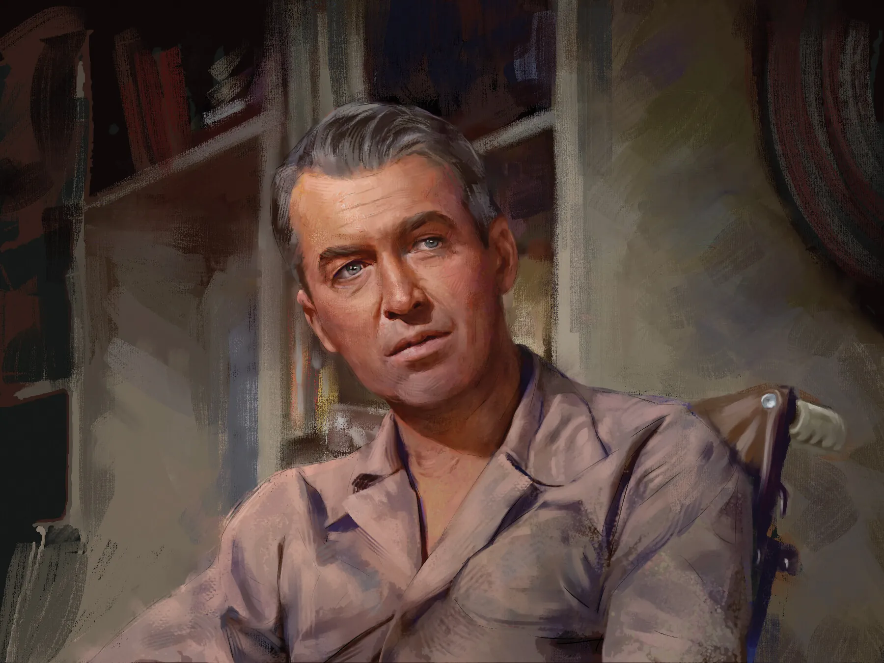 Painted portrait of a grey-haired man in a wheelchair in front of a bookshelf, looking up and to the side