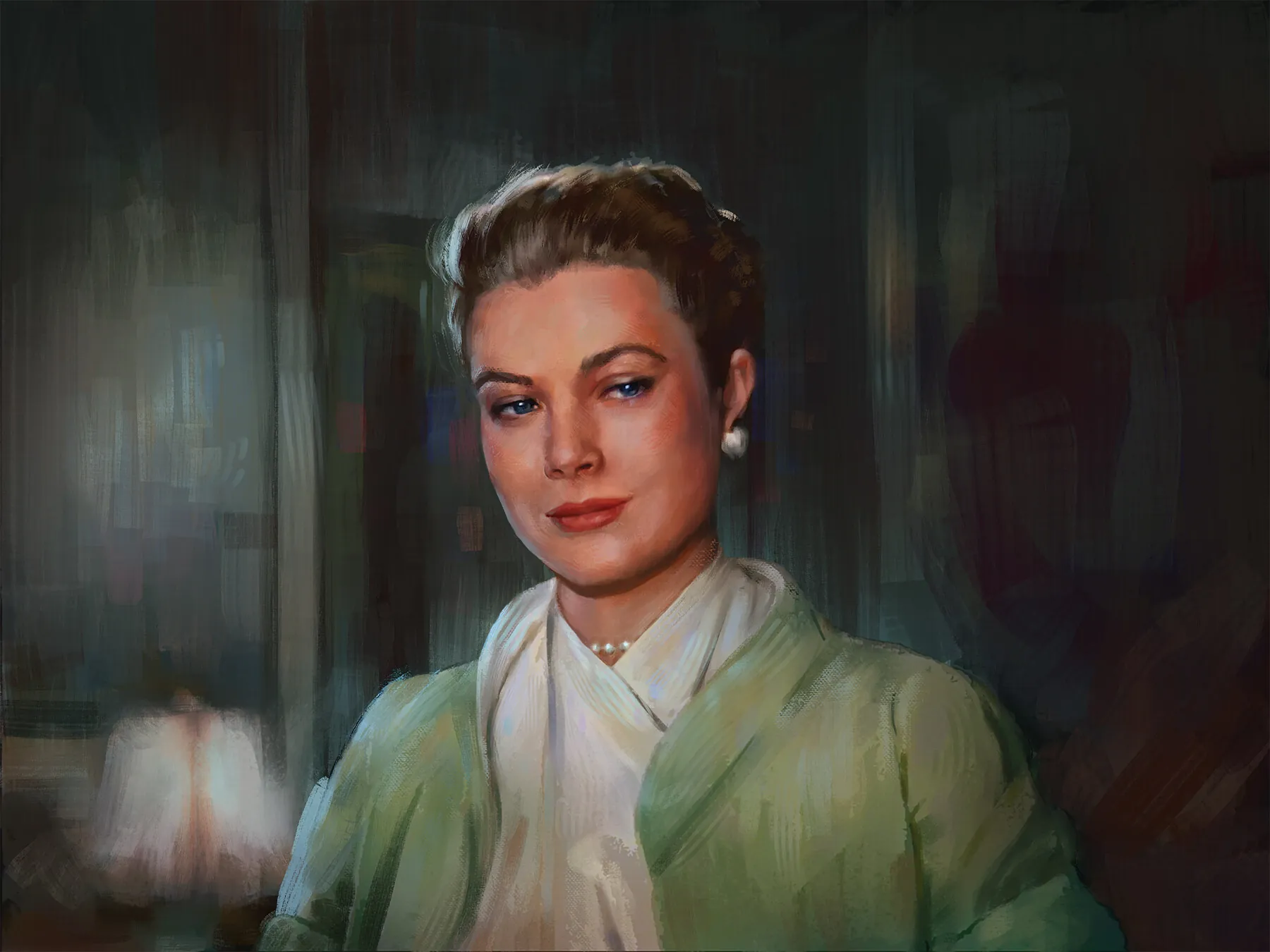 Painted portrait of a woman with pinned-up hair, pearl earring and necklace, wearing a green jacket over a white blouse, in a dim room with a lamp